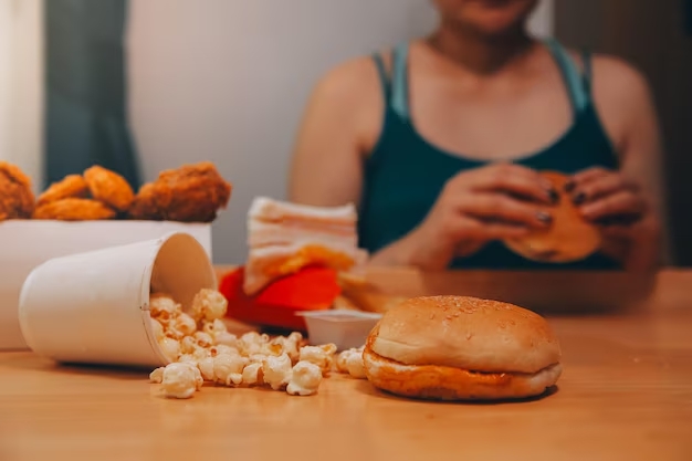Compulsão alimentar e ansiedade ilustrado em fast-food e snacks em momento de estresse, sem fome física