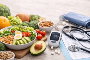 Alimentação saudável e monitor de glicemia ao lado de estetoscópio para doenças metabólicas